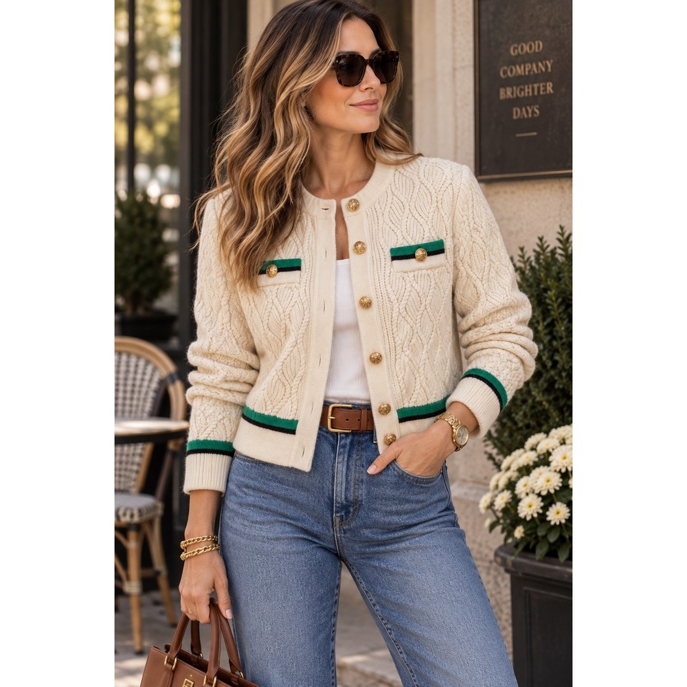 Parisian Old Money Cable Knit Cardigan Sweater Cream Preppy Luxury Chic Sz M